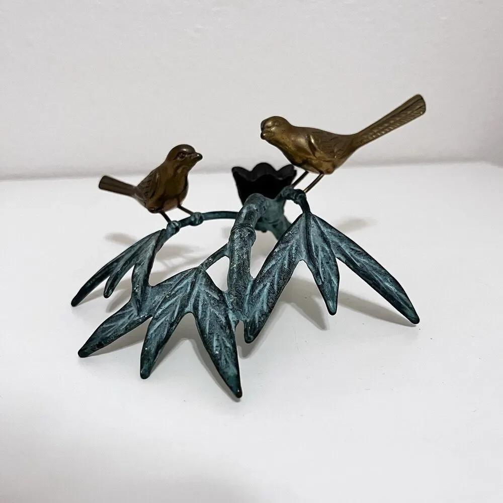 Andrea by Sadek Brass Birds on Bamboo Candle Holder Figurine